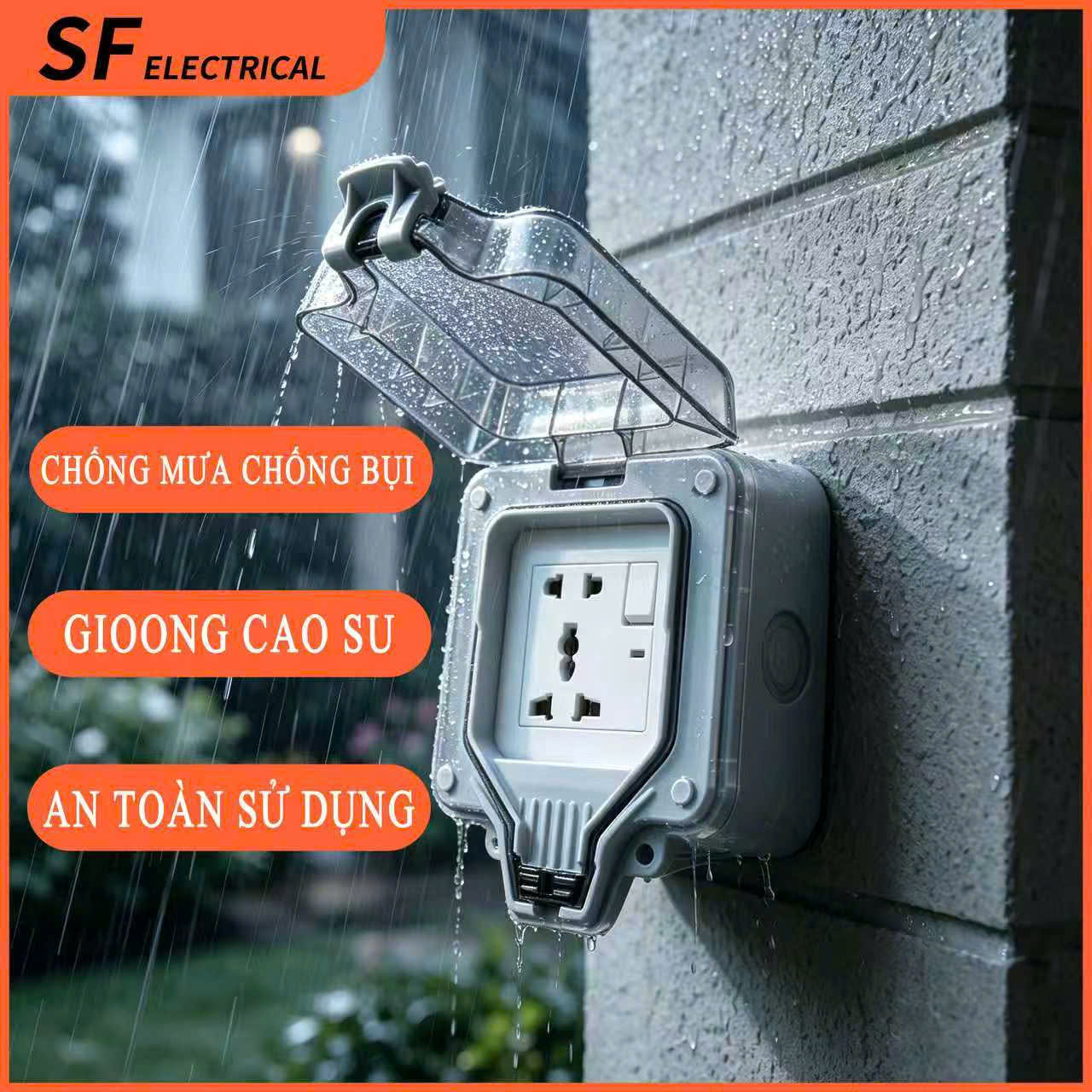 Ổ cắm đa năng 5 lỗ chống nước chuẩn IP66, vỏ nhựa PC chống cháy, 16A - 220V-250V. Lắp đặt sân vườn, ban công, rửa xe, nhà xưởng. Bền bỉ, an toàn tuyệt đối.