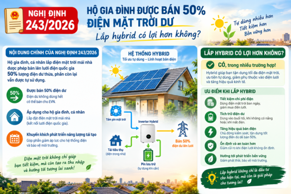 Nghị định 243/2026Hộ gia đình được bán 50% điện mặt trời dư – lắp hybrid có lợi hơn không?